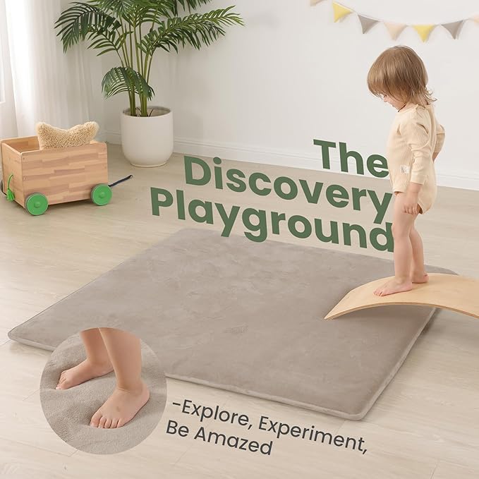 Baby Play Mat for Floor,1.3" Thick Elasti-Foam 50"×50" Playpen Mat for Tummy Time,Water Repellent Soft Coral Velvet for Toddler,Infant,Kids,Non-Slip Backing Safe for Crawling(Beige)