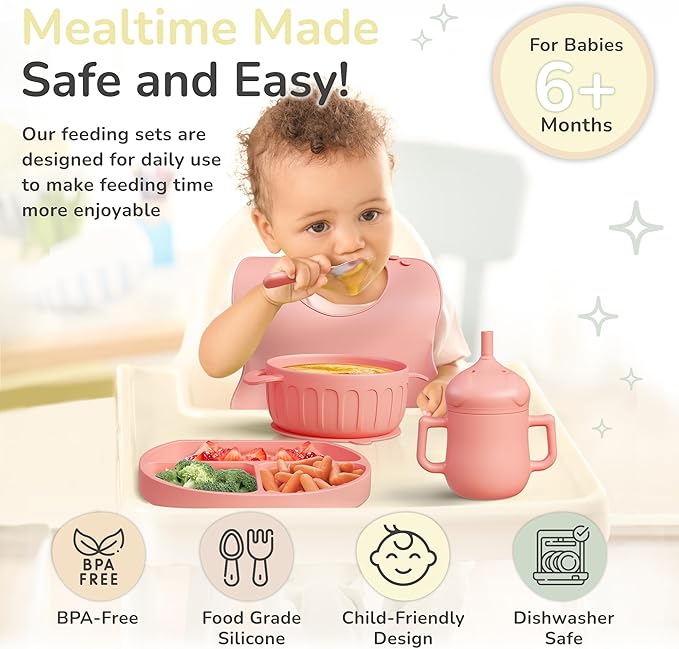 mimi & kiki BPA-Free Silicone Baby Feeding Set, Baby Plates and Bowls Set, Baby Led Weaning Supplies, Silicone Suction Plate, Baby Utensils, Bib and Cup, Self Feeding, Dishwasher Safe (Pink)