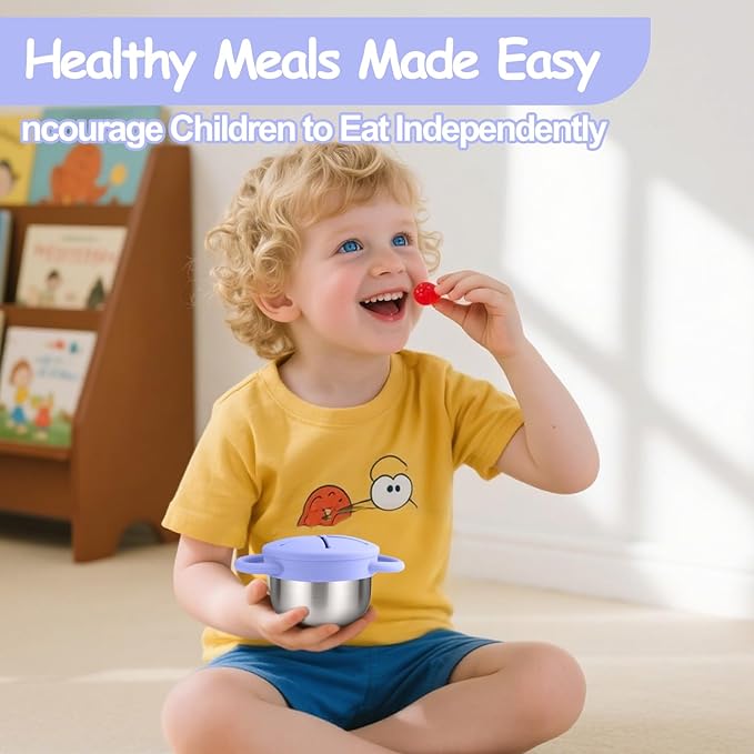 2-Pack Stainless Steel Snack Containers for Kids with Spill-Proof Silicone Lids & Handles - 3-in-1 Baby Snack Cups, No-Spill Toddler Snack Box, Perfect for On-the-Go Healthy Eating（Blue+Purple）