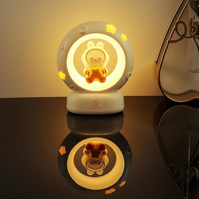Moon and Bunny Rechargeable Night Light, Safe PVC and ABS Material, 3 Brightness Levels, Tap Control, Warm Light, Toddler Sleeping Lamp, Bedroom Night Lamp, Gift for Baby and Kid (Moon and Bunny)