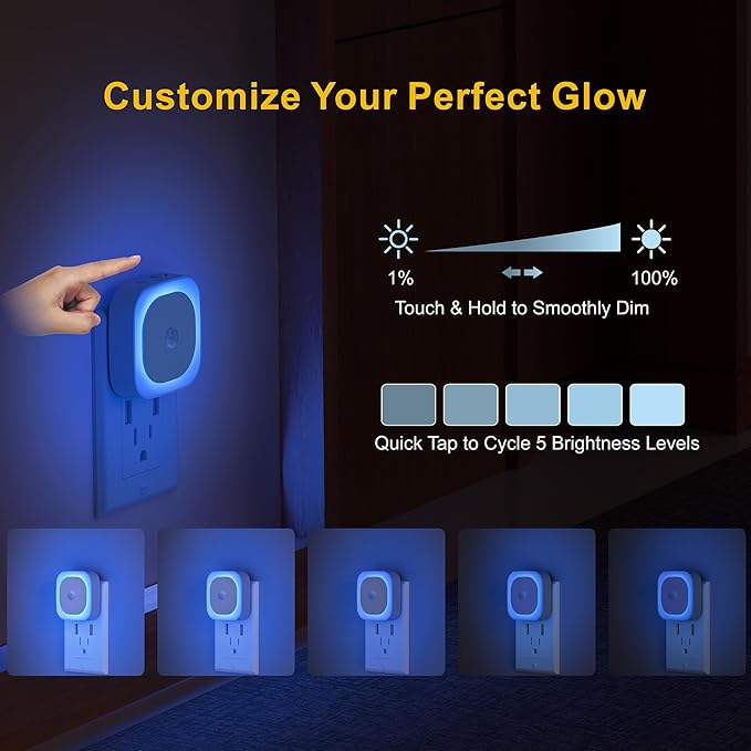 2 Pack Plug in Night Light with Motion Sensor & Dusk to Dawn Sensor, 3 Sensor Modes, Auto ON/Off, Dimmable, Night Lights Plug into Wall for Bathroom, Kitchen, Adults, Indoor, Light Blue