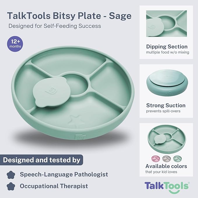 TalkTools Bitsy Feeding Kid's Essentials Plate Set – Toddler Utensils, Spoon and Fork, Lid, Perfect for Mealtime – Strong Suction with 4 Compartments (Plate-Sage)