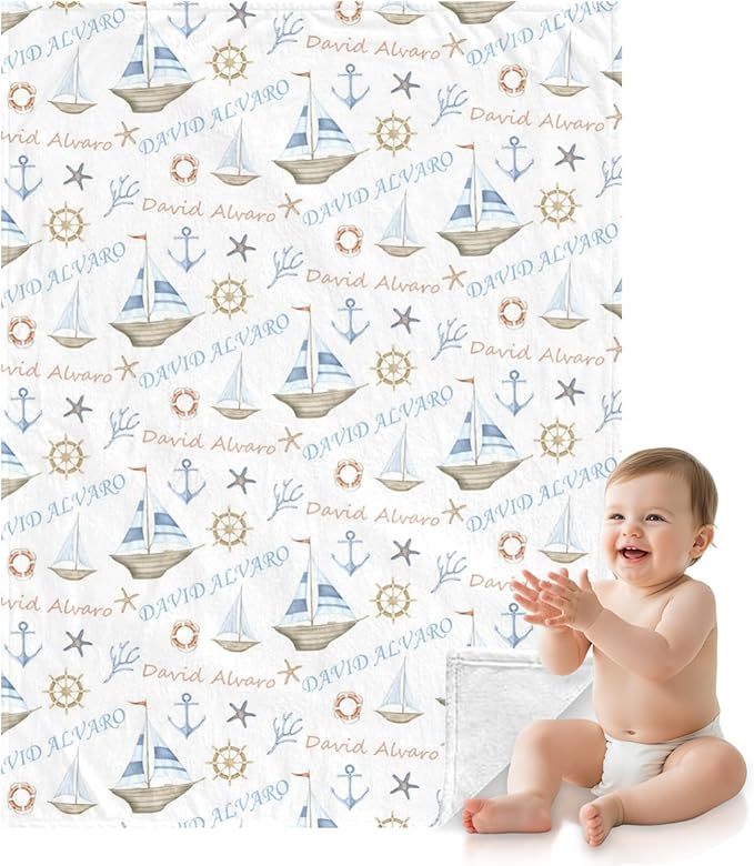 Ship Next Day, Personalized Baby Blanket for Boys Girls - Printed in USA, Custom Name Toddler Blanket with Sailboat Pattern, Perfect Newborn Gift