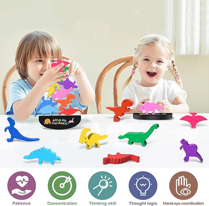 FFTROC Montessori Dinosaur Toys for 2 3 4 Year Old Boys - Wooden Stacking Dinosaur Toys for Kids 2-4 3-5, Toddler Balancing Block Sets