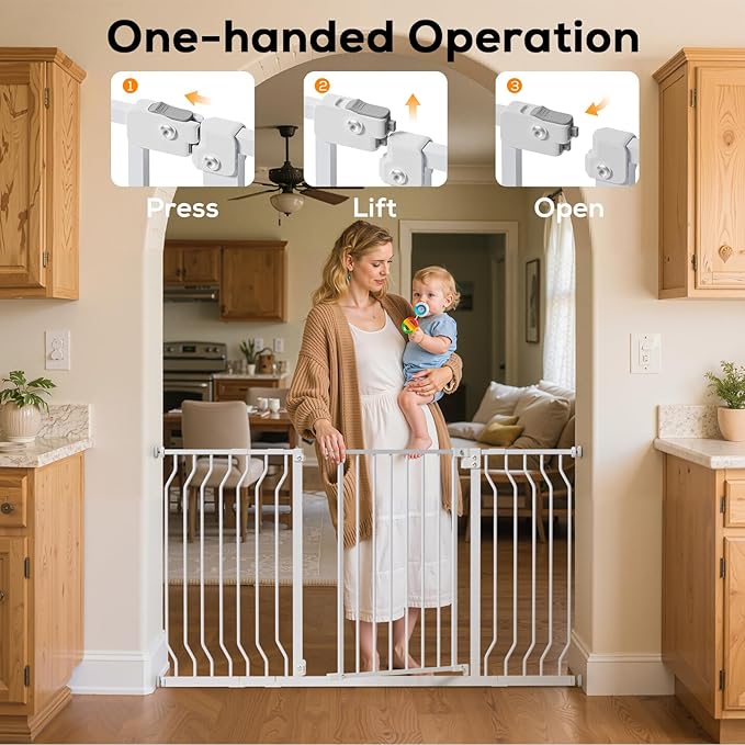 29-48" Baby Gate for Stairs, Baby Safety Essentials, Auto Close Gate for Doorways, Easy Install Pressure Mounted Dog Gate Indoor, Pet Gates for Dogs, White