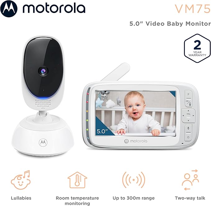 Motorola Nursery Video Baby Monitor with Camera, 5" Screen, 2-Way Audio, Night Vision, Temperature Sensor, No WiFi,1000ft Range, Lullabies, VM75