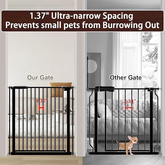 DEARBB Extra Wide Baby Gate Ultra Narrow Spacing 30.11-77.36" Pressure Mounted Double Lock Swing Auto Close Walk Through Metal Safety Pet Gate for Stairs and House Doorway Kitchen