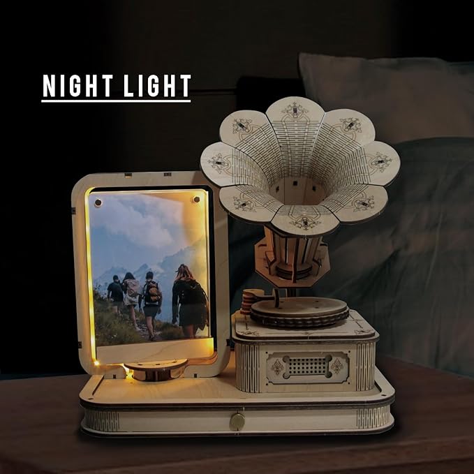 CUBERIE 3D Puzzles for Adults, Gramophone Wooden Model kit Music Box Gifts for Woman Man, Assembly Three-D Wood Puzzle Decor with Acrylic Picture Frame, Toys for Ages 14 and up