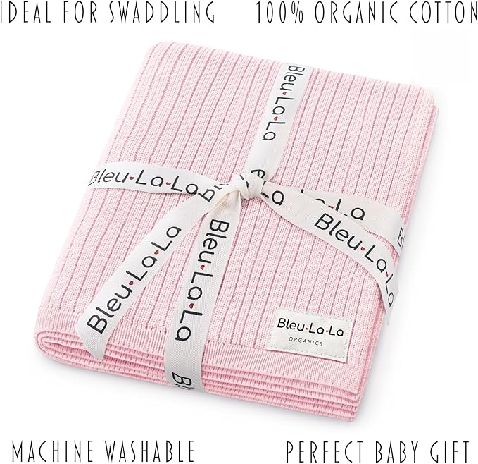 Organic Ribbed Swaddle Blanket for Boys & Girls - 100% Luxury Organic Soft Cotton Knit Warm Cozy Cuddle Stroller Blanket for Newborns, Infants, & Toddlers (Blush Pink)