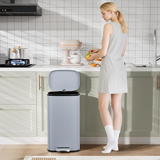 Arlopu 8/13.2 Gallon Step Trash Can, Stainless Steel Garbage Bin, Soft-Close Rubbish Bin with Removable Plastic Inner Bucket, Fingerprint-Proof, Lid Dustbin, Suit for Kitchen Home (Haze Blue, 50L)