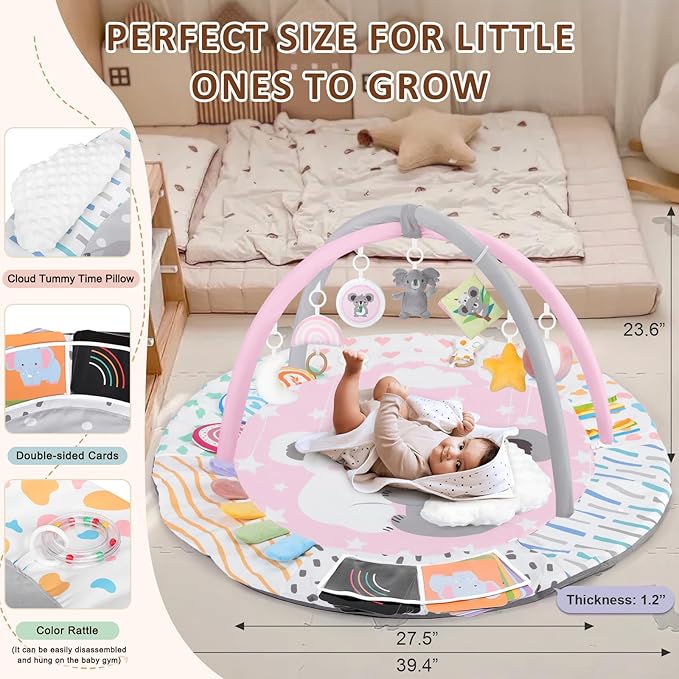Baby Play Gym & Activity Mat, Tummy Time Mat with Tummy Time Pillow 7 Detachable Sensory Toys and Educational Cards for Motor Skills & Sensory Development, Baby Essentials Shower Gift, Pink Koala