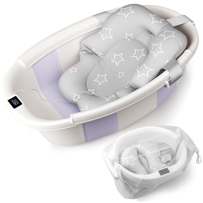 Baby Bathtub, Baby Bath Tub with Thermometer & Soft Cushion, Collapsible Infant Bathtub for Newborn to Toddler 0-36 Months, Quick Use & Portable for Travel(Purple)