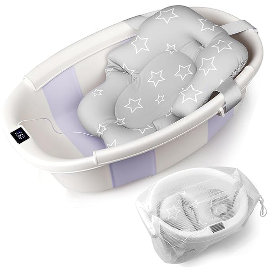 Baby Bathtub, Baby Bath Tub with Thermometer & Soft Cushion, Collapsible Infant Bathtub for Newborn to Toddler 0-36 Months, Quick Use & Portable for Travel(Purple)