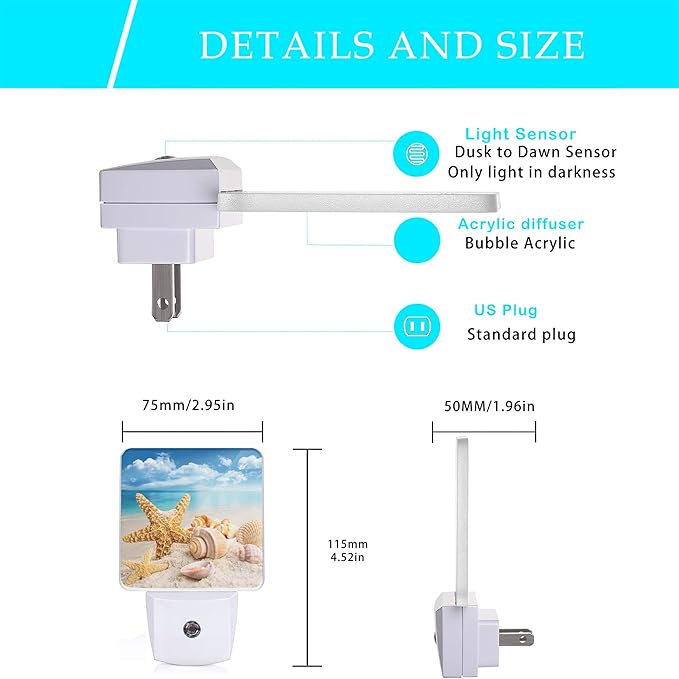 Starfish and Seashells Beach Night Light,Night Lights Plug into Wall for Boys Girls, Led Lights Indoor Home Decor 0.5W Nightlight Sleep Friendly