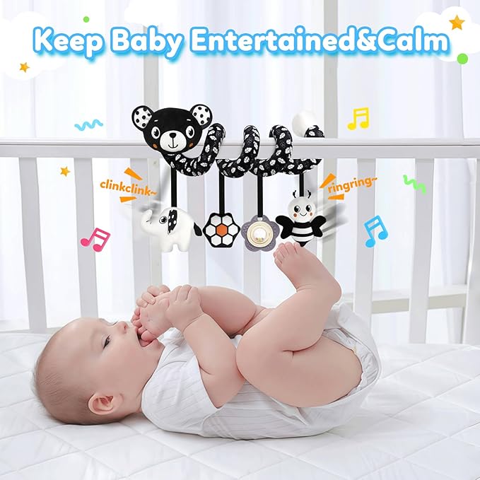 Baby Carseat Toy Black & White Rattle Spiral Hanging Activity Stroller Toy for Newborns Boys and Girls - Bear