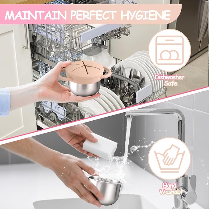 Mity rain 2-Pack Stainless Steel Snack Containers for Toddlers with Spill-Proof Silicone Lids & Handles - 3-in-1 Baby Snack Cups, No-Spill Toddler Snack Box, Perfect for On-the-Go Healthy Eating