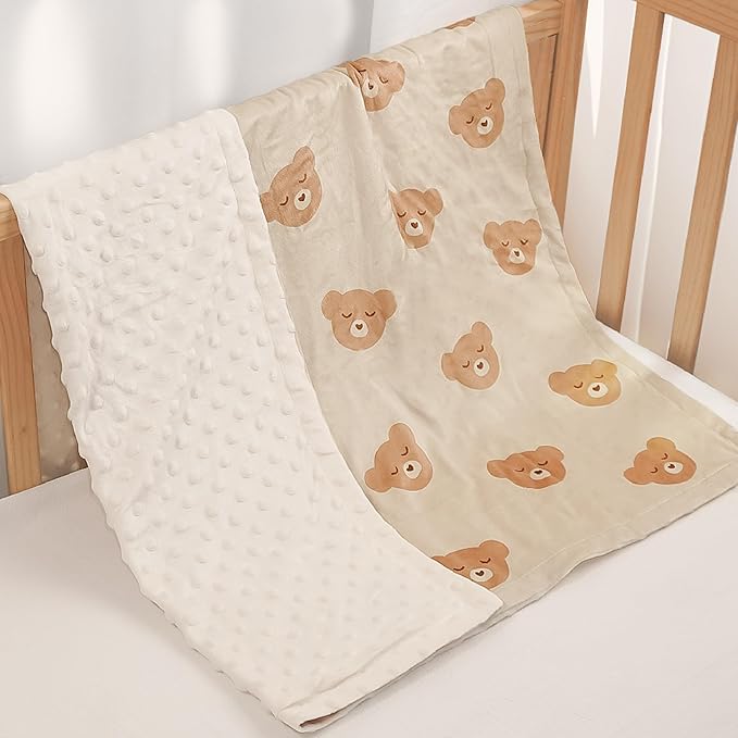 Bear Minky Baby Blanket 30 x 40 Inches for Boys Girls, Soft Plush Receiving Blanket with Dotted Back, Gift for Toddler Newborn Infant Christmas Birthday Baby Shower