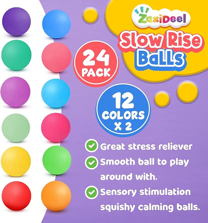 Mini Slow Rising Stress Balls 24 Pack, Stretchy Squishy Ball for Anxiety Relief, Fidget Toys Classroom Supplies for Student Teacher, Travel Sensory Toys for Kids Adults
