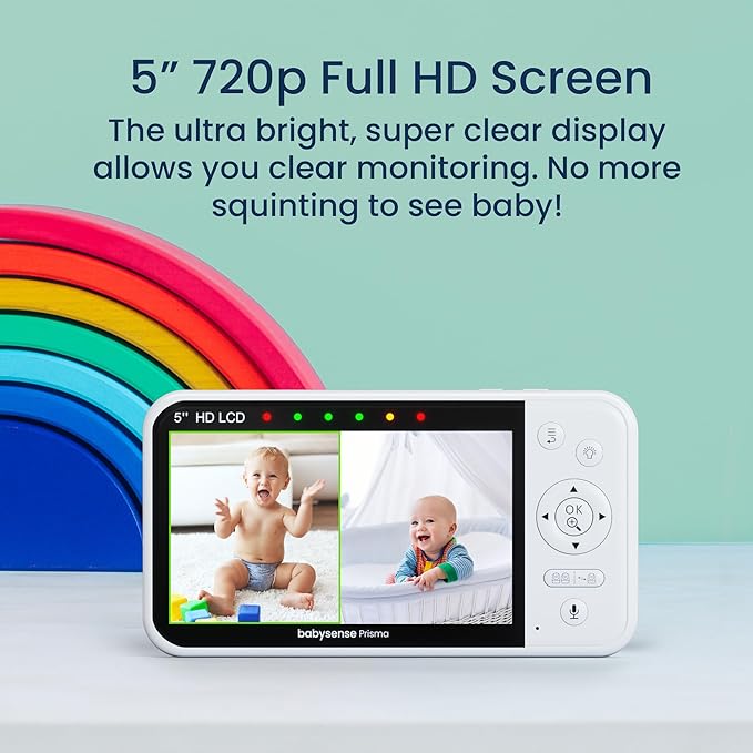 Babysense Prisma Baby Monitor with Camera and Audio, 5” HD Video Baby Monitor, 6-Color Night Light, Split Screen, Baby Sound Machine with White Noise & Lullabies, Secure No WiFi