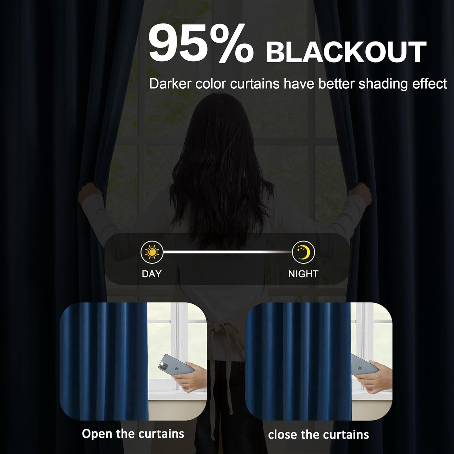 KEQIAOSUOCAI Navy Blue Blackout Curtains 94 Inch Long 2 Panels Set, Room Darkening Blackout RV Curtain for Playroom Bedroom Soft Microfiber Silk Viral Window Drapes with Hooks, Dark Indigo 40x94