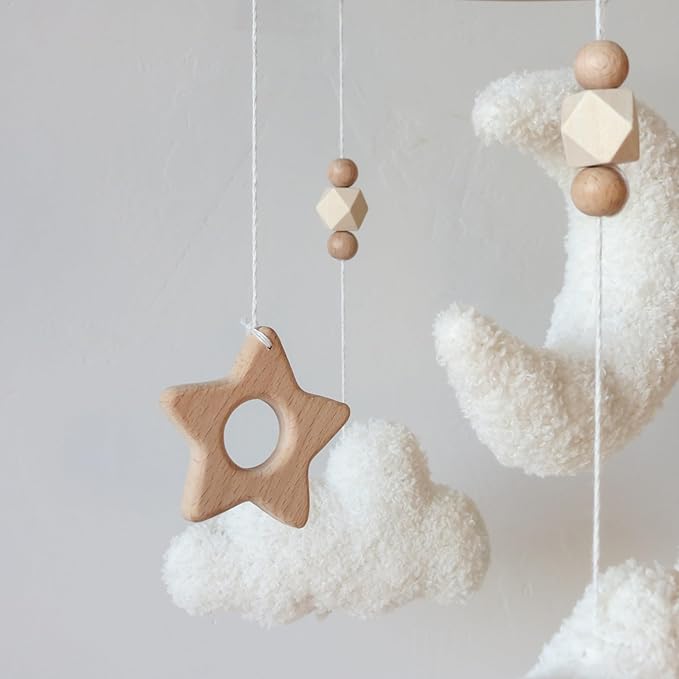 Cloud Moon Crib Mobile Cloud Baby Mobile for Crib Neutral Boho Clouds and Wooden Stars Moon Mobile Boucle Mobile