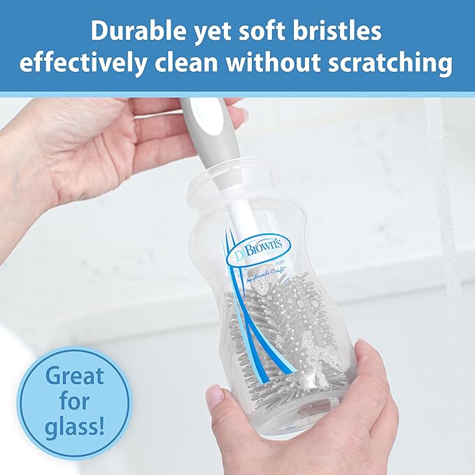 Dr. Brown's Soft Touch No Scratch Baby Bottle Cleaning Brush, Nipple Cleaner & Suction Cup Base for Easy Storage, BPA Free, Gray (Pack of 4)