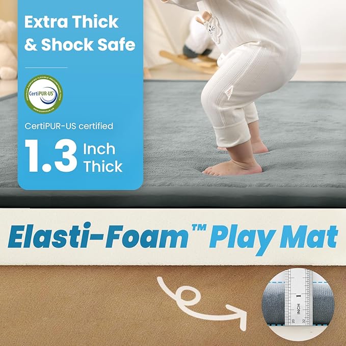 1.3" Thick Baby Play Mat for Floor Playpen, 71x59 Large Foam Tummy Time Mat, Padded Support Soft Plush Nursery Rug for Infant Kids Toddler Crawling Kick Activity (Light Grey)