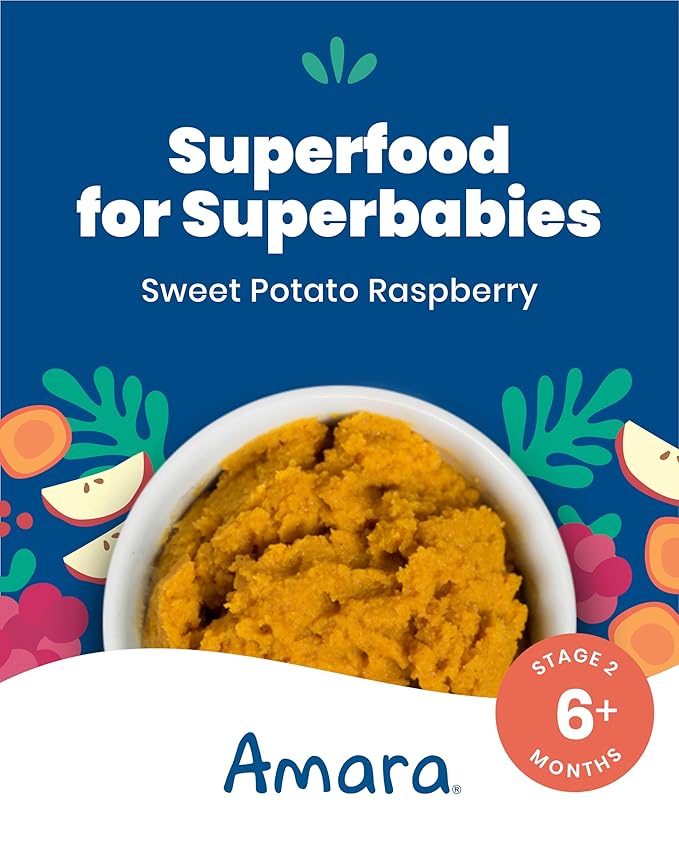 Amara Organic Baby Food - Stage 2 - Sweet Potato Raspberry - Baby Cereal to Mix W/Breastmilk, Water or Baby Formula - Shelf Stable Baby Food W/Organic Fruit and Veggies - 5 Pouches 3.5oz Per Serving