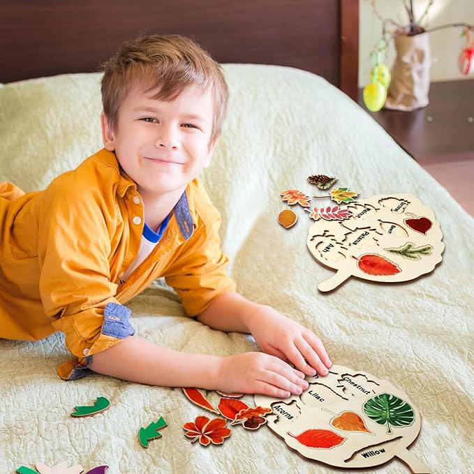 Kathfly 2 Pieces Leaf Wooden Jigsaw Puzzles Leaf Puzzle Montessori Toy Early Educational Learning for Birthday Gift Early Education School(Classic)