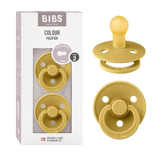 BIBS Pacifiers Colour Collection | Natural Rubber Baby Pacifier | Set of 2 BPA-Free Soothers | Made in Denmark | 6+ Months (Pack of 2) | Mustard
