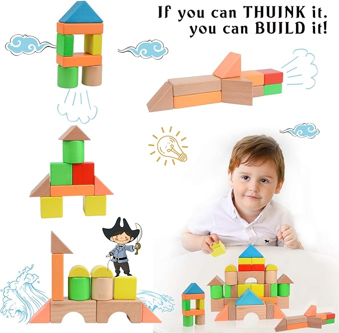 Large Wooden Building Blocks Set - Educational Preschool Learning Toys with Carrying Bag, Toddler Blocks Toys for 3+ Year Old Boy and Girl Gifts