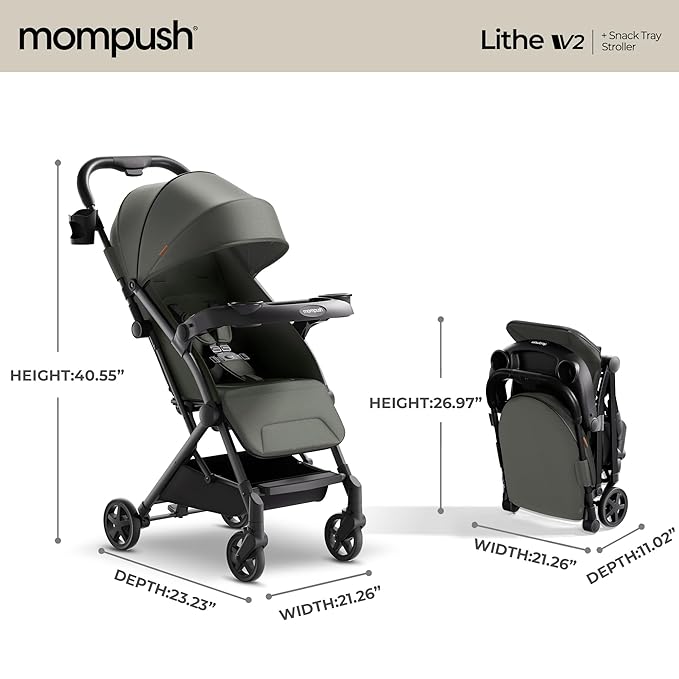 Mompush Lithe V2 Lightweight Travel Stroller, Compact Foldable Baby Stroller with Travel Bag, One-Hand Fold Stroller, Snack Tray, Mechanical Recline Seat, Airplane-Ready, UPF 50+ Canopy & Rain Cover