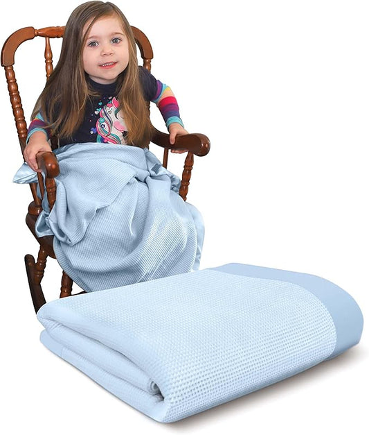 Blankets - Thermal Waffle Warm Baby Blanket for Crib - Soft and Cozy Baby Crib Blanket for Nursery, Stroller, or Naptime Comfort - Ideal Shower Gift - Blue, Satin Trim (36" x 50")