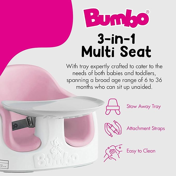 Bumbo 3-in-1 Multi-Seat for 6 to 36 Months, Travel Baby Feeding & Play Floor Seat, All-in-One Portable Booster with Tray & Toddler High Chair, Cradle Pink