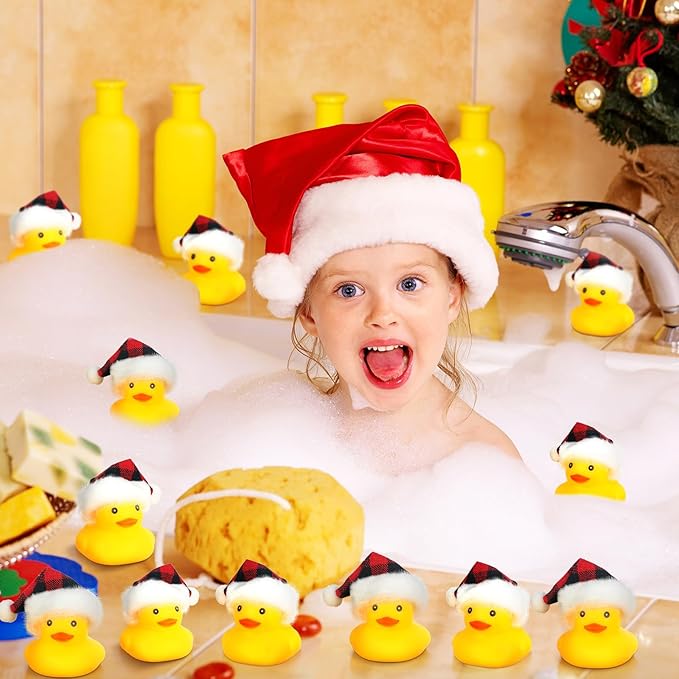 Liliful 48 Pcs Christmas Rubber Ducks with Hat Xmas Mini Rubber Ducks in Bulk Holiday Party Favors Bath Toys for Christmas Party Decor Gift (Berry Plaid Hat)