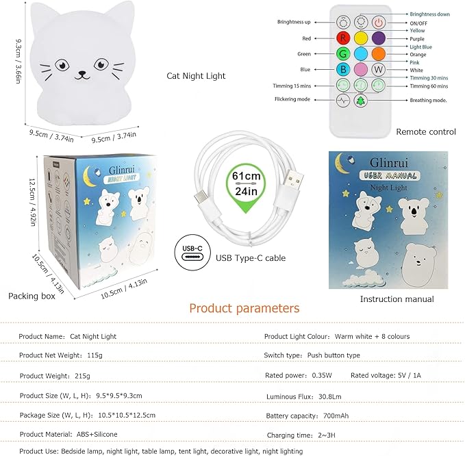 Cat Night Lights Children's Room Lighting, Toddler Bedroom Sleep Lights Bedside lamp - 9 Colors Lamps Room Decor for Toddlers/Boys/Girls/Adults/Bedroom/Bathroom/Outdoor/Camping - Medium