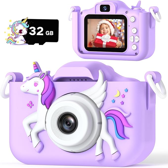 Upgrade Unicorn Kids Camera for Girls, Christmas Birthday Gift for Boys, 1080P HD Selfie Digital Video Camera for Toddlers, Cute Portable Little Girls Boys Gifts Toys for 3 4 5 6 Years Old