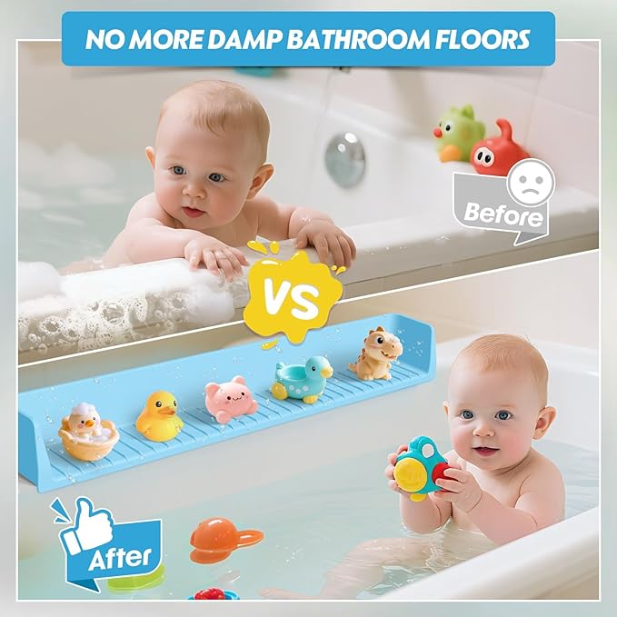 Silicone Bathtub Water Guard for Kids, Longer Play Tub Shelf with 11 Suction Cups, Toy Tray Caddy Holder Attaches to Bathtub Ledge, Prevents Water Spills in Bathroom, Fun Bath Time Storage (Baby Blue)