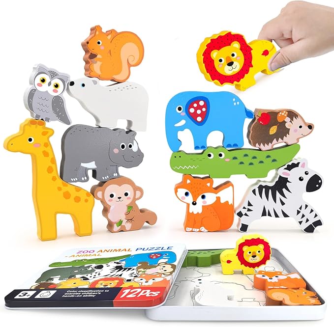 Wooden Animal Puzzles Toys for Toddlers,12PC Safari Animal Figures,Animal Matching Sorting Stacking Toys for Boys Child Girls,Educational Learning Toys Gift for Kids (Safari)