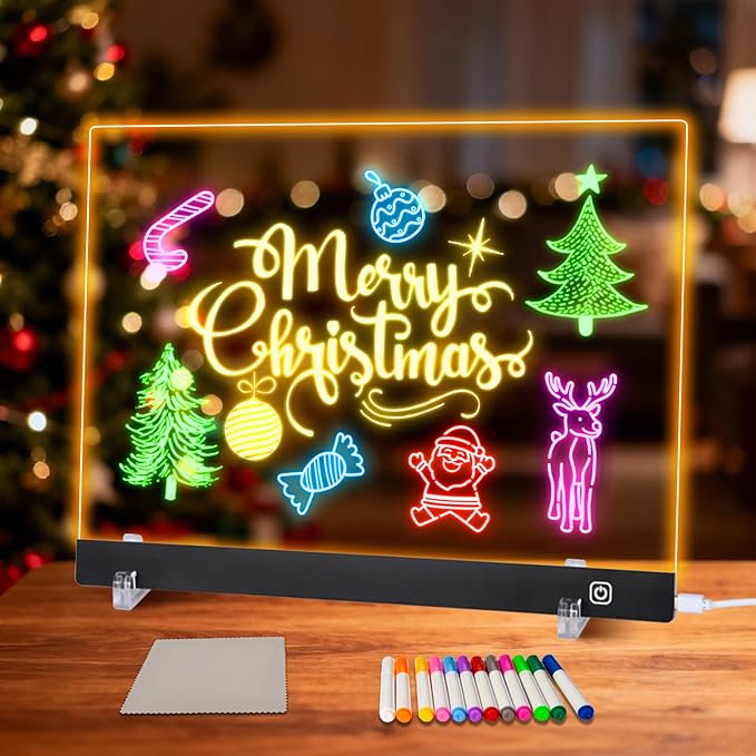 LED Note Board with Colors, Led Drawing Board for Kids, Light Up Acrylic Dry Erase Boards with Stand, Christmas & Birthday Gifts for Girls/Teens (Black, 11.8" x 7.9")