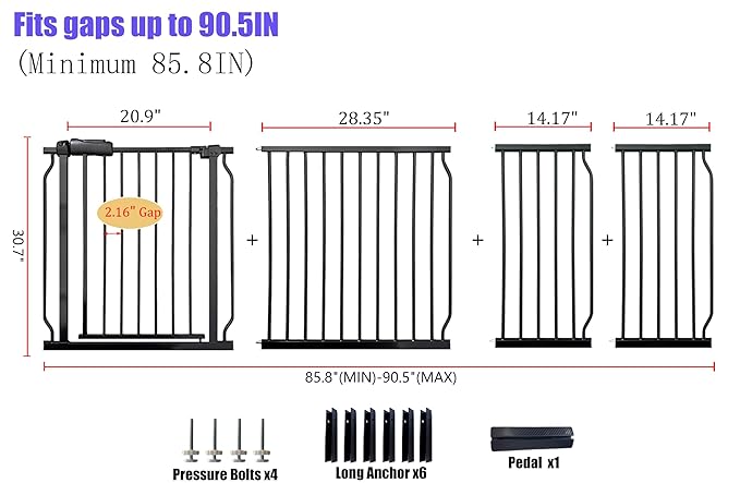 Extra Wide Baby Gate 85.8-90.5 Inch, Pressure Mounted No Drilling, for Stairs & Doorways, Metal Black Indoor Safety Gate for Kids and Dogs