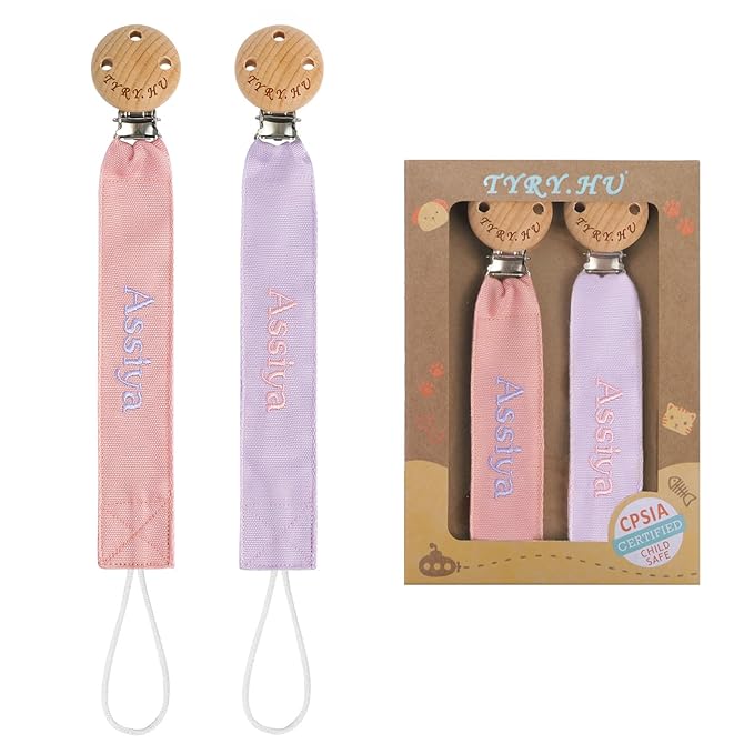 TYRY.HU Personalized Pacifier Clip with Name, Embroidery Pacifier Holder for Baby Girls and Boys, Neutral Binky Clips Universally Fit All Pacifiers & Baby Toys, Baby Gift, 2 Pack(Pink,Purple)