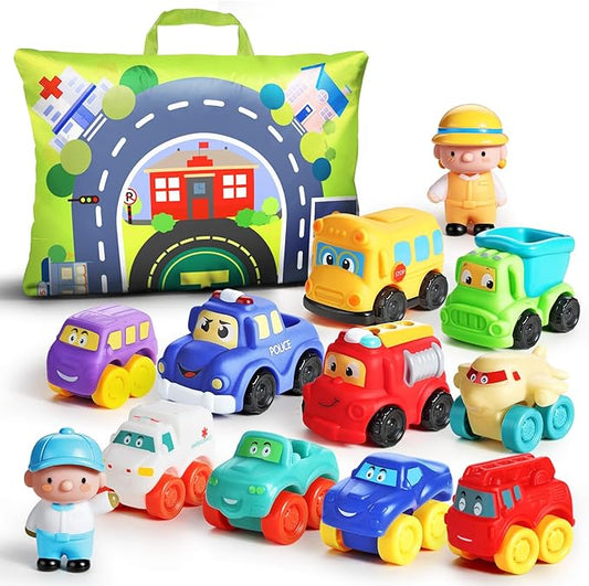 ALASOU 12 PCS Soft Rubber Car Toys for 1 Year Old Boy with Playmat/Storage Bag|1 Year Old Boy Gifts|1st Birthday Gifts for Toddler Toys Age 1-2|Baby Toys 12-18 Months