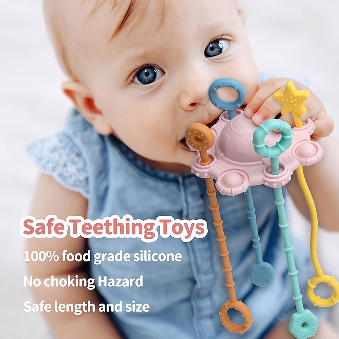 Montesorri-Toys - Pull String Toys for Baby - Made of 100% Food Grade Silicone with Built-in Rattle Function and Easy to Clean Design (Pink)