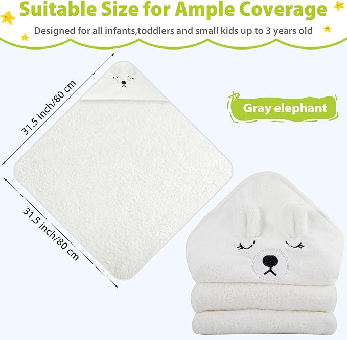 Baby Bath Towel,Ultra Soft Hooded Baby Towel,Toddler Bath Towels with Animal Design,Absorbent Baby Hooded Towel Shower Gifts for Baby Boys Girls,31.5x31.5 inch(White Bear)