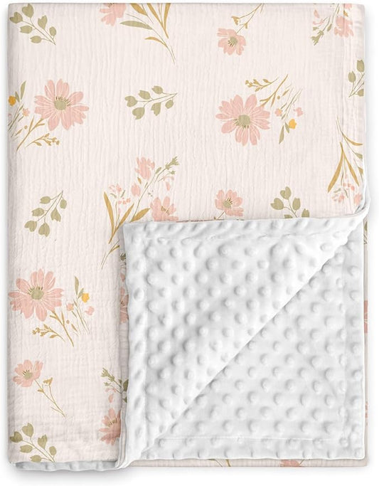 GLLQUEN BABY Blankets for Unisex Newborn Super Soft Nursery Minky Blankets with Muslin Cotton Front and Dotted Fleece Backing, Spring is in The Air, 30 x 40 inches