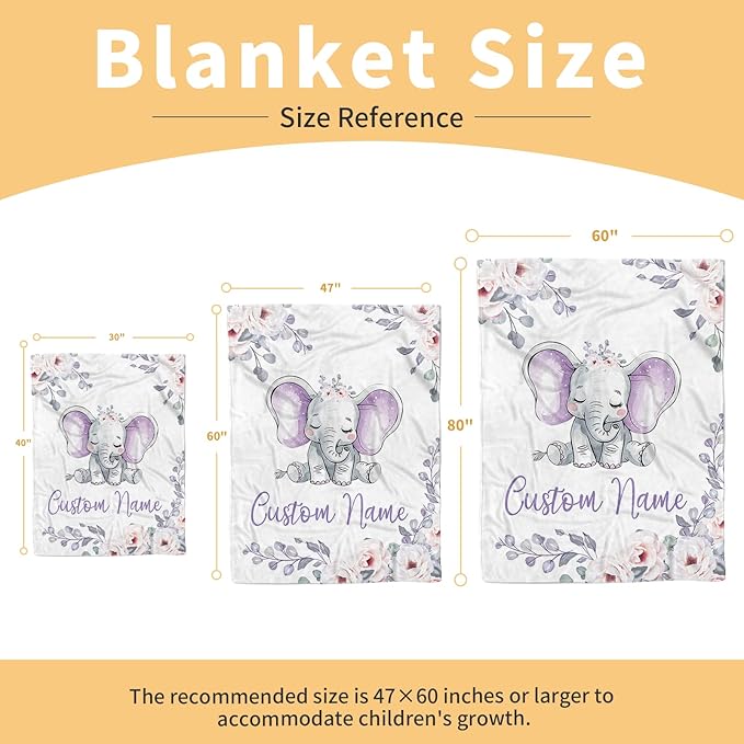 Custom Baby Blanket, Personalized Name Baby Blanket for Boy Girl, Purple Elephant Double Layer Dotted Backing Receiving Swaddle Blankets, Nursery Newborns New Parents Customized Gift(30"x40")