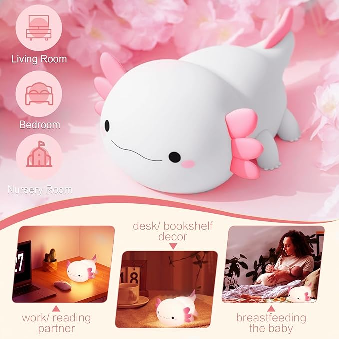 Axolotl Night Light for Kids, Cute Squishy Rechargeable Axolotls Lamp, Unique White Pink Xmas Axolotl Gifts, Dimmable LED Silicone Nightlight, Baby Safe, Girls Room College Dorm Décor