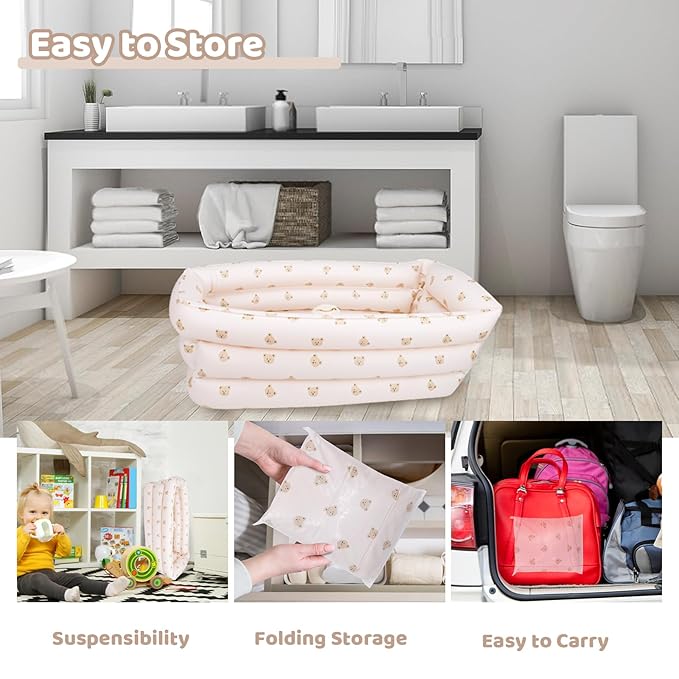 Inflatable Baby Bathtub with Built-in Air Pump, Portable Bathtub for Babies 0-5 Years Old, Small Ball Pool, Foldable Bath Tub for Travel, 30.7 x 14.6 Inch (Bear Head)