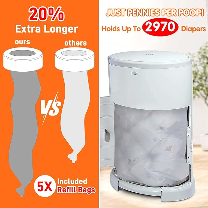 5 Pack Refills Compatible with DEKOR CLASSIC Diaper Pails | 20% Extra Length Diaper Pail Refill Bags Liners Holds 2970 Diapers | Ultimate Odor Control with Baby Scented